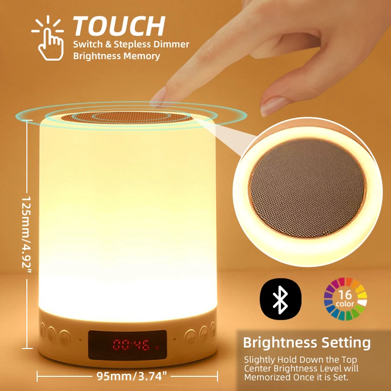 

3 in 1 Dimmable RGB Light Touch Lamp Portable Blue tooth Wireless Speaker with Alarm Clock, Warm white