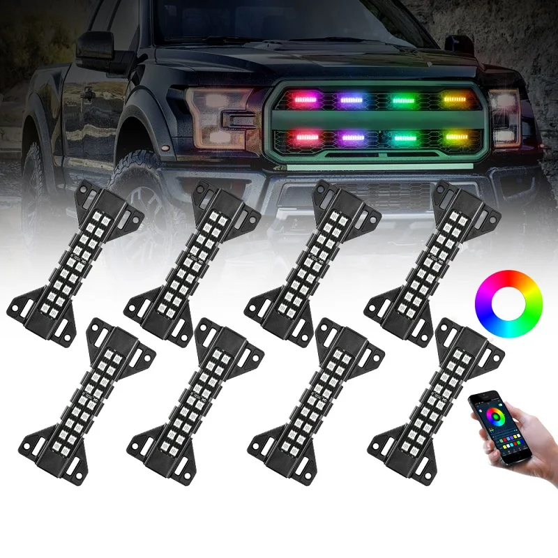 

App Control Dream Color Bumper Hood Mesh Mounted 8 PCS Car Front Grill Led Light