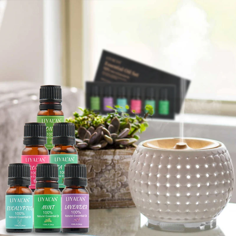 

New 100% Pure Aromatherapy Lemongrass Lavender Eucalyptus Rose Tea Tree Oil Diffuser Massage Essential oil Set