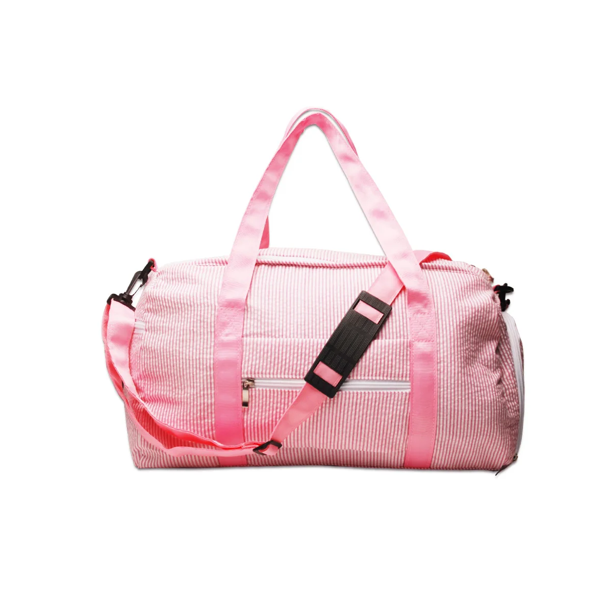 

Wholesale Seersucker Duffle Bag Cottion Barrel Preppy Handbag Children's Travel Tote Bag Weekender Over Night Purse for Women, Pink