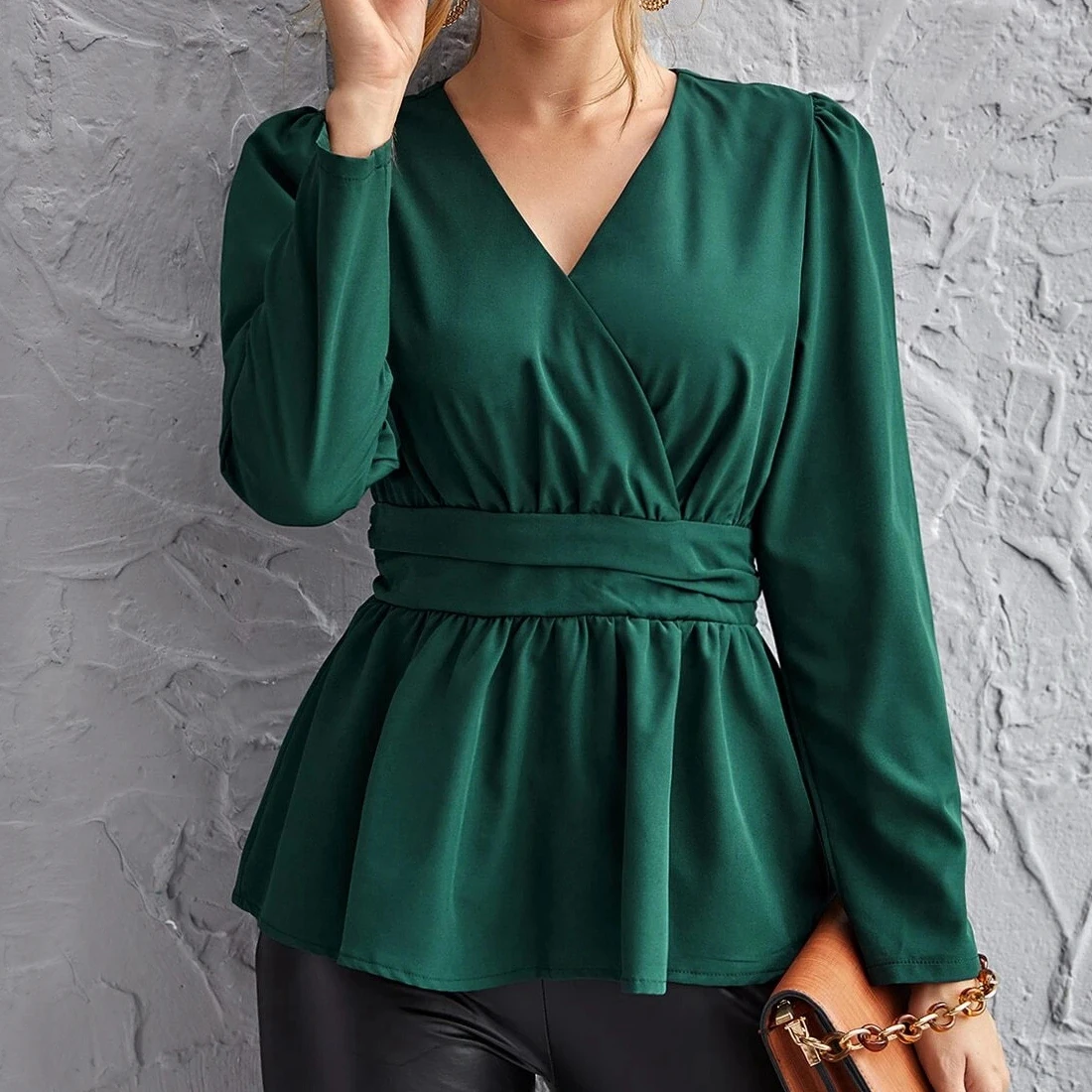 

Lady Wrap Belted Women Classic Shirts Green Blouse