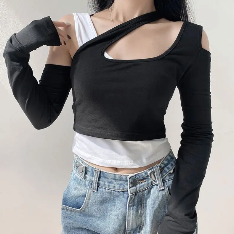 

X00492M Autumn 2020 new featured hollow-out contrast sexy crop T-shirt casual jacket