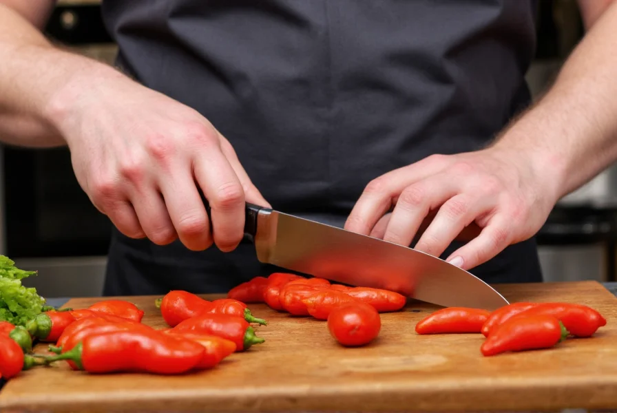 Chef preparing red jalapeno peppers for cooking with knife and cutting board showing proper handling techniques