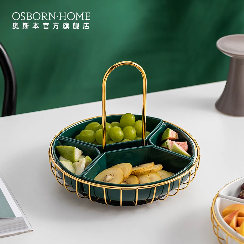 

OSBORN light luxury Creative personality rotatable ceramic portable dried fruit plate fruit basket grid snack tray, Picture