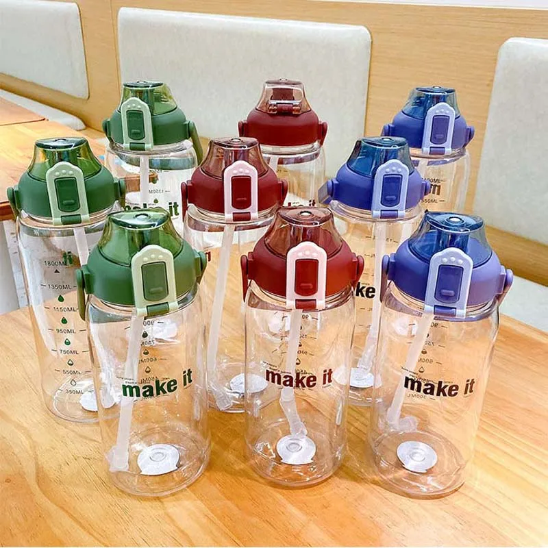 

Wholesale High Capacity Safe PC Cheap Plastic Water Bottle With Straw Adults Kids Clear Cup 1350ml 64oz Sports Water Bottle, Green,blue,red
