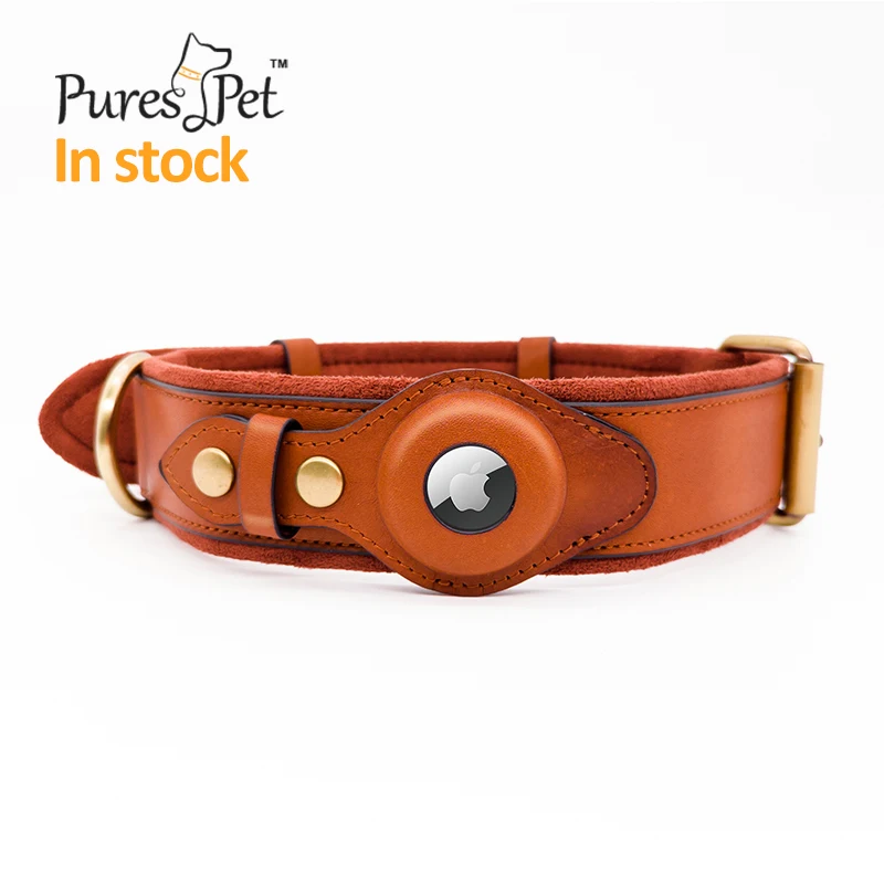 

custom dog bark genuine leather collars and leash set luxury for airtag gps, Brown,black