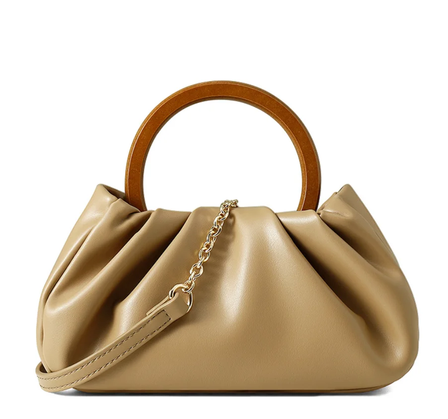 

2021 Women Soft PU Wrinkled-Effect Niche Wooden Top Handle Pleated Cloud Chain Shoulder Crossbody Bag HandbagYGC-187