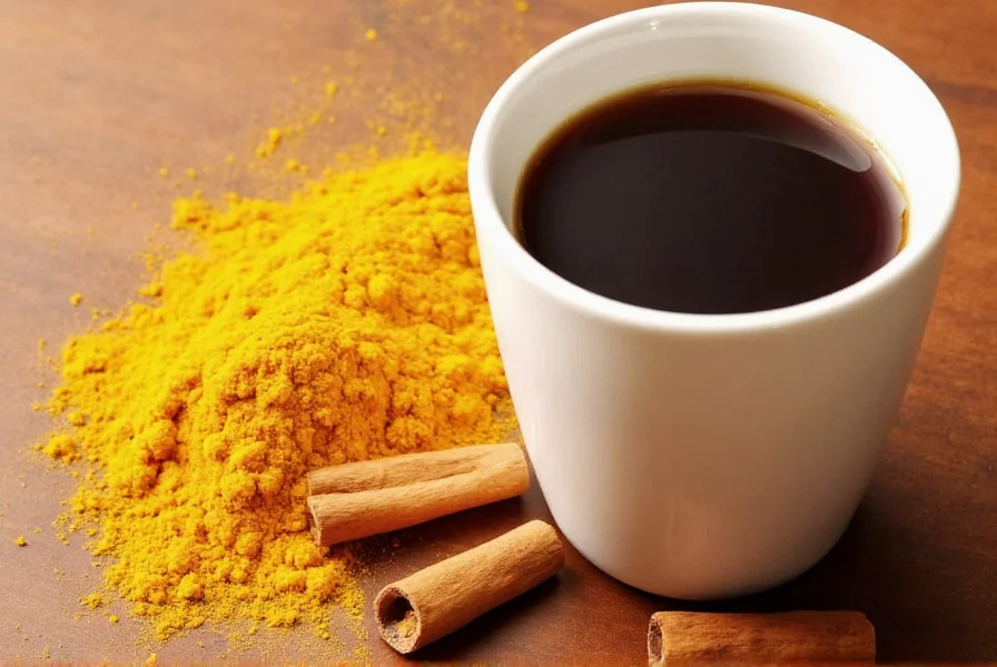 Turmeric and cinnamon spices next to coffee cup