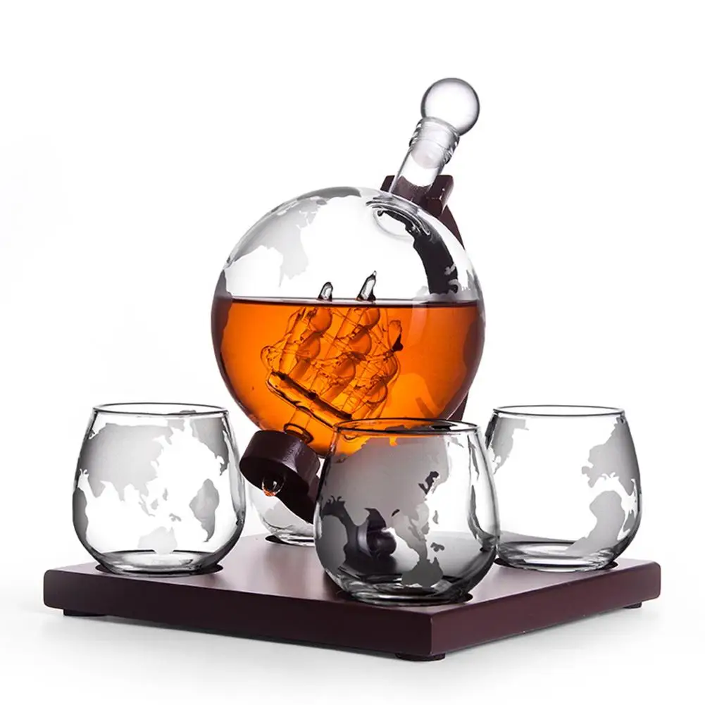 

Whiskey Decanter Antique Ship Whiskey Dispenser For Liquor Bourbon Globe Decanter With Finished Wood Stand 4 Glasses