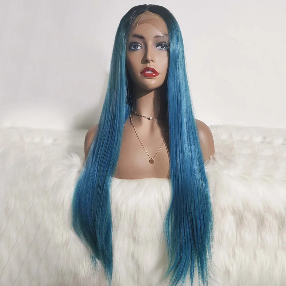 

Wigs Synthetic Hair Ombre Black Blue Straight Curly Lace Front Wig Heat Resistant Chemical Fiber Glueless Wig Vendor In Stock