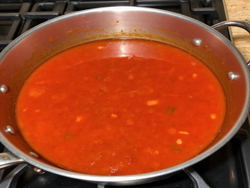 Simmering fresh tomato sauce in stainless steel pot
