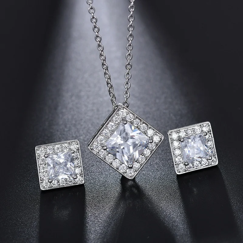 

Luxury Cubic Zircon Stone Pendant Necklace and Earrings Jewelry Sets for Women, Customized color