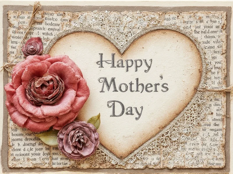 Repurposed book page transformed into textured Mother's Day card with fabric accents