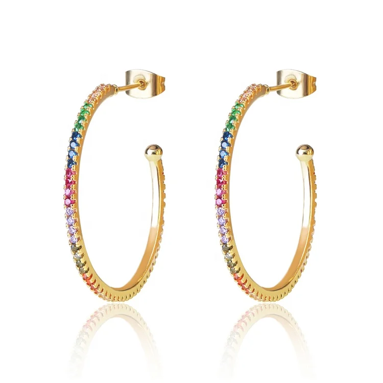 

2020 statement huggie earrings 18k gold plated rainbow cubic zirconia big hoop earrings for women