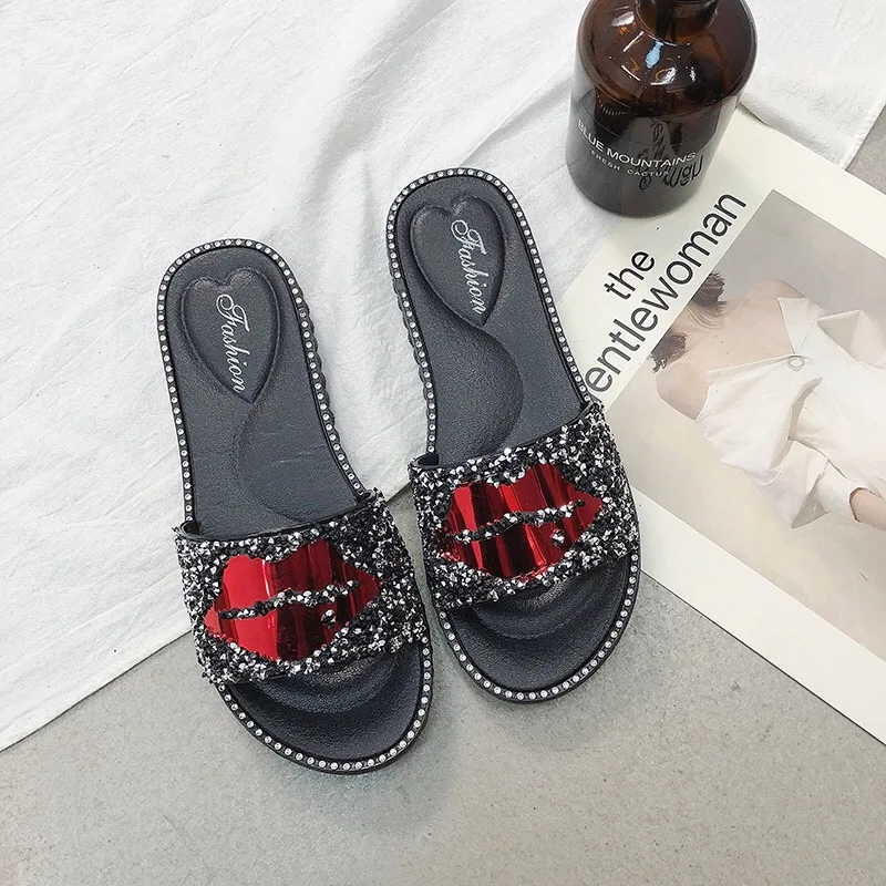 

Black Glitter Slide Hotselling Diamond Newest Design Women Slippers, Customized color