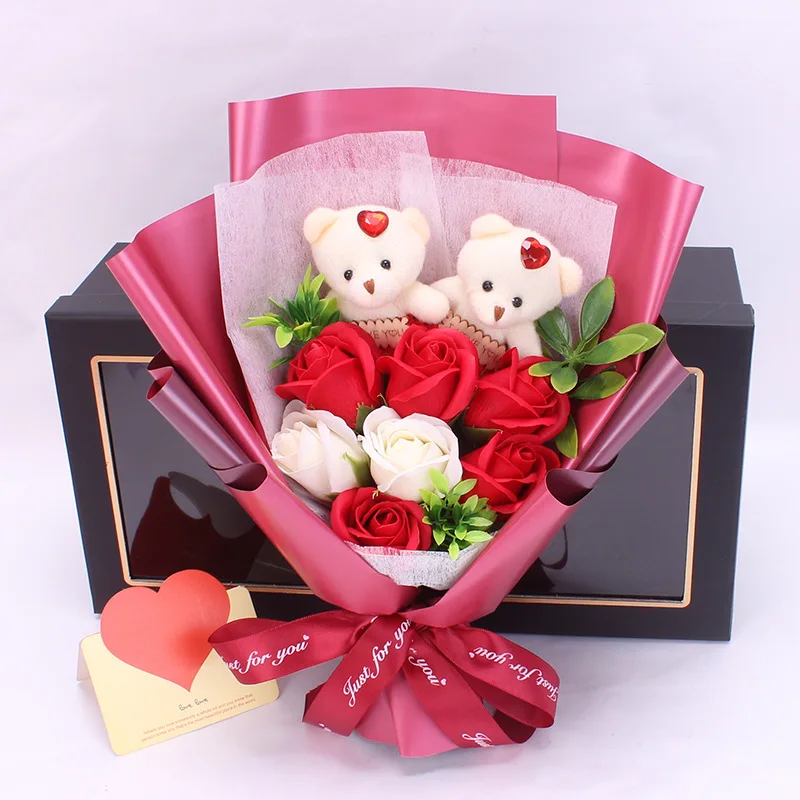 亚马逊热卖7朵玫瑰花束熊肥皂玫瑰礼物花束情人节礼物