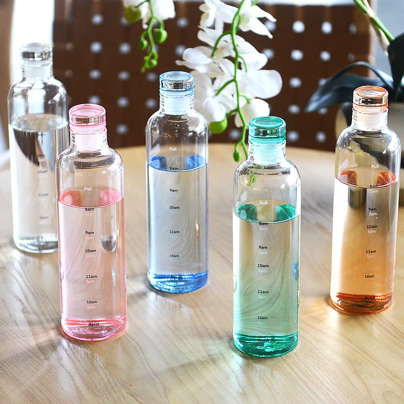 

custom reusable 500ml 750ml large borosilicate glass water bottle clear colored water bottle with time marker