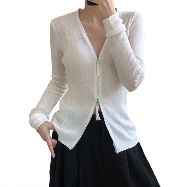 

Summer Cheap Breathable Ladies Knitted Knitwear Tight Solid With Double Sliders Zipper Women Cardigan Sweater, Customized color