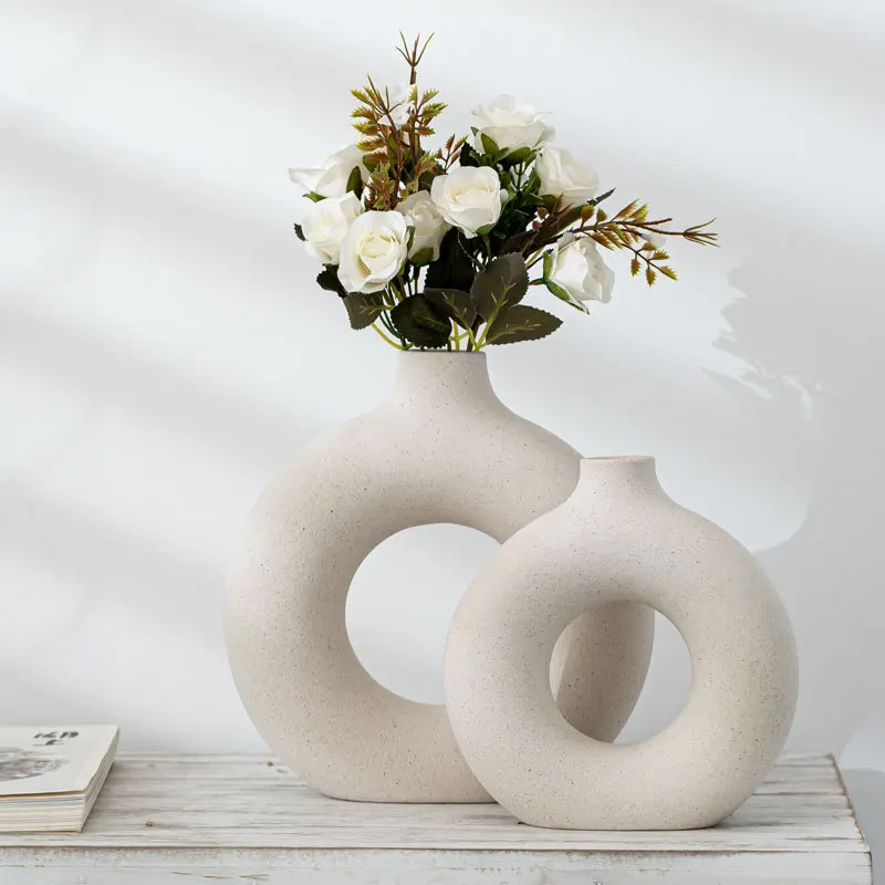 

Nordic Ceramic Donut Vase Dried Flower Arrangemet Home Decoration Accessories Office Desktop Living Room Flower Vase, As photo showed