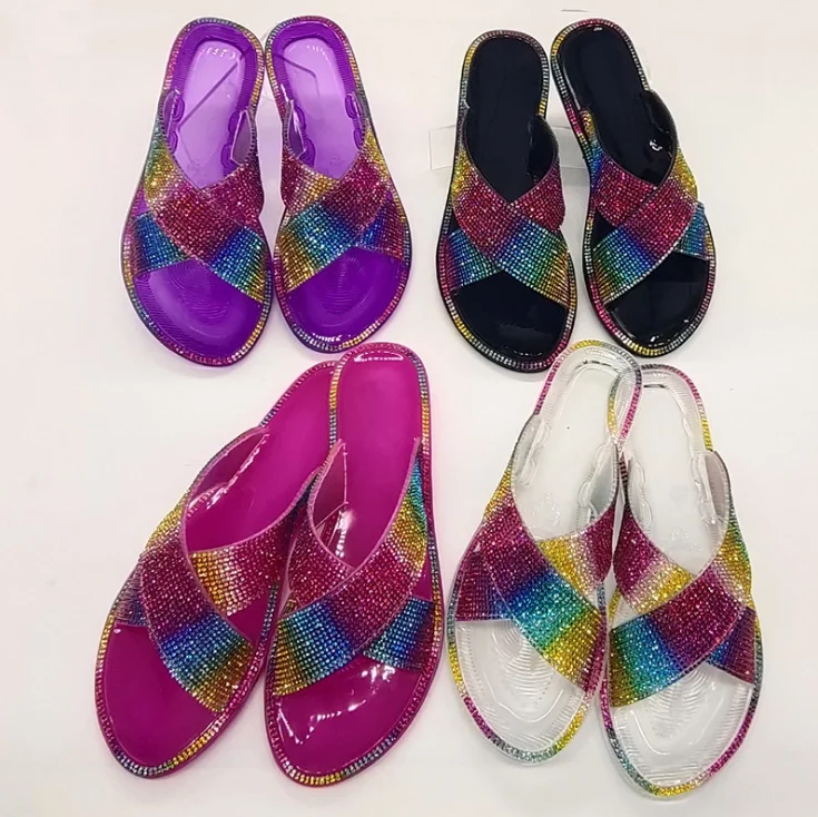 

Hot Sale Rainbow Criss Cross Strap Rhinestone Jelly Slippers