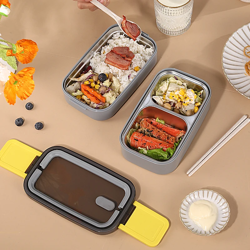 

LIHONG Japanese 2 layer plastic Food Containers Bento Box Set Stainless Steel biodegradable Microwave Thermal Lunch Box, As picture