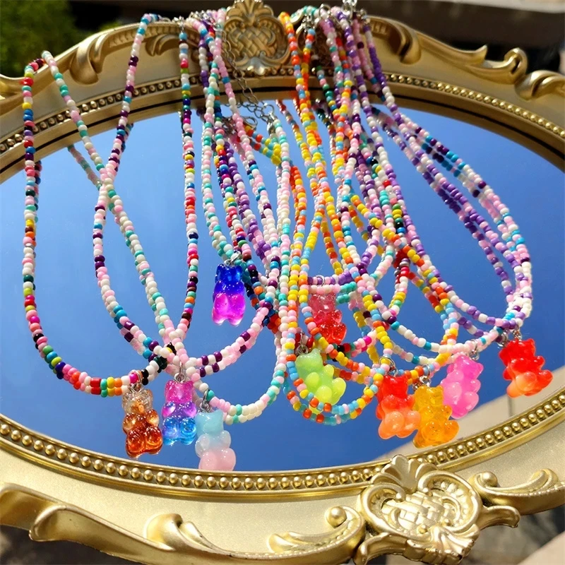 

Bohemian Colorful Round Bead Necklace For Women Cute Gradient Rainbow Resin Bear Pendant Necklace Fashion Jewelry Girl Gifts