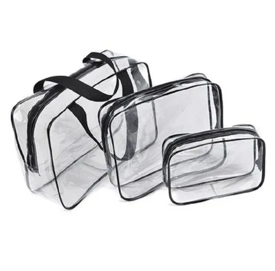 

3pcs/set Clear PVC Cosmetic Bag Eco-friendly Transparent Waterproof Makeup Bag Set Travel Bag, Black/brown/blue/rose red