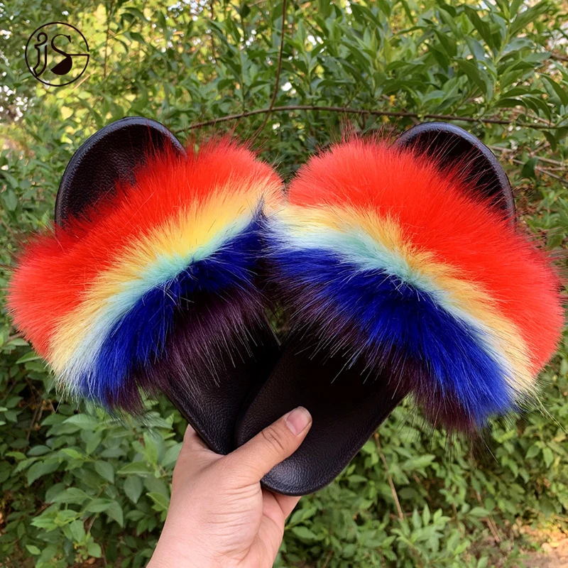 

2021 Hot Fox Furry Fluffy Slippers faux fur slides Custom Women Fashion Popular Desigh Slides For Ladies, Picture