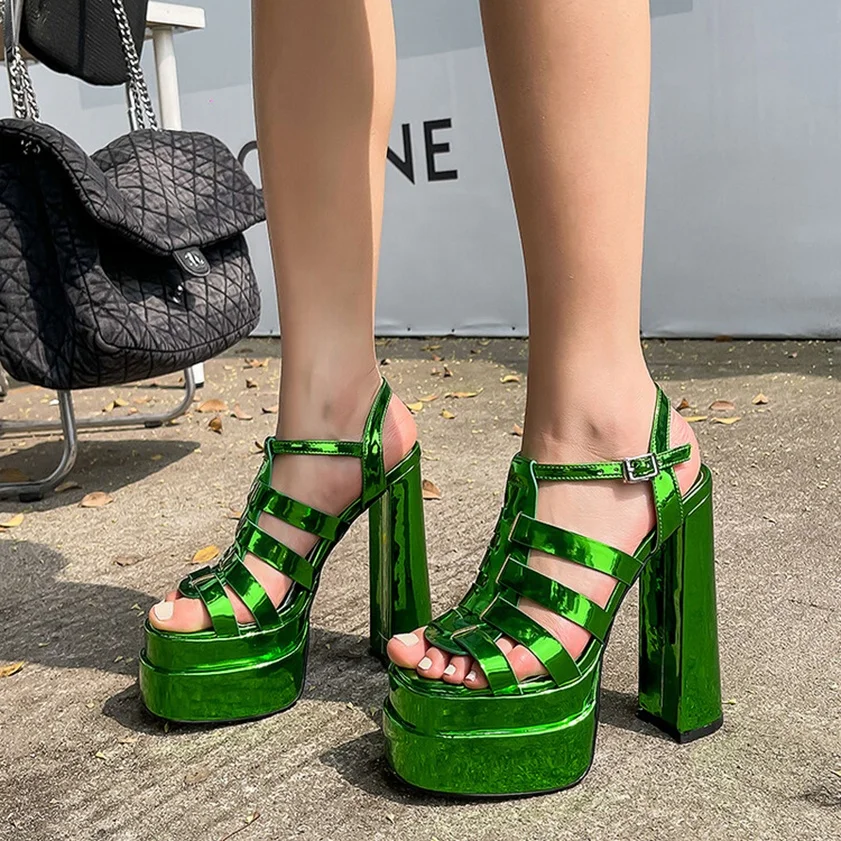 

Classic Design Ladies Platform Chunky Heel Summer Sandals Sexy Peep Toe Buckle Strap Patent Leather Party Dress Women's Shoes, Green,blue,pink,black,white