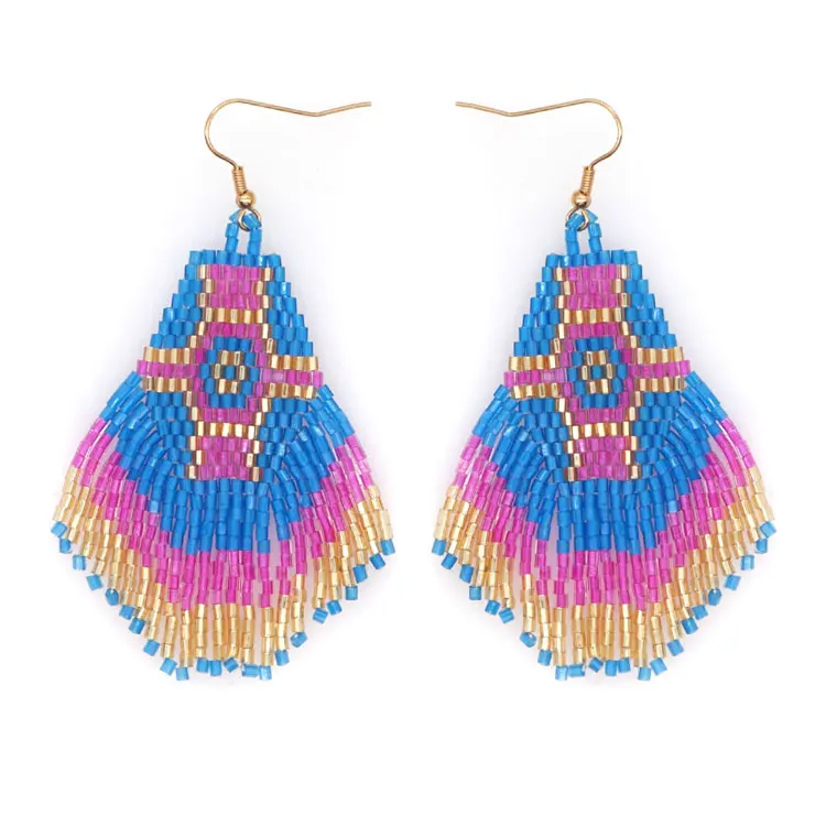 

SC Rainbow Color Boho Earrings Ethnic African Bride Tassel Earrings Handmade Braided Geometric Tassel Beaded Earrings for Women, Colorful