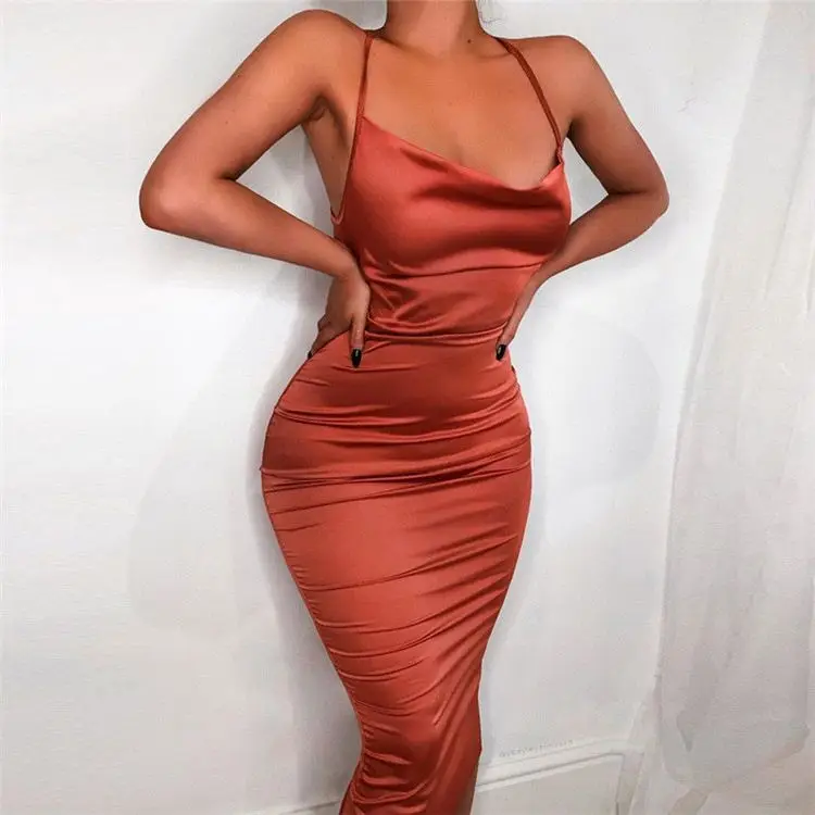 

Women Sexy Backless Outfit Nightclub Dress Neon Satin Long Midi Bodycon Dress, Red, green, black, coral red, champagne powder