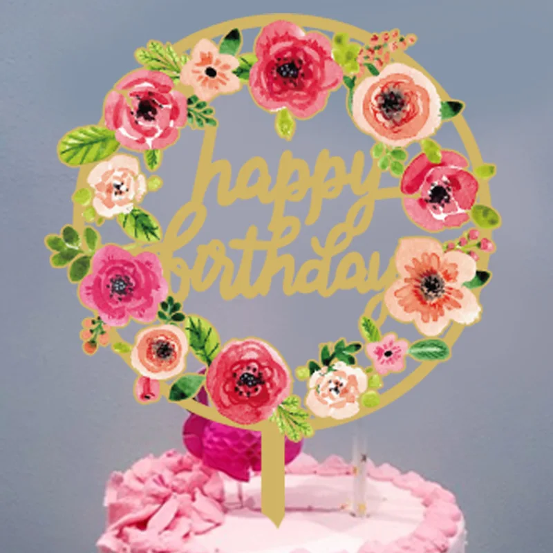 

Happy Birthday Cake Topper Acrylic Wedding Cake Toppers with Flowers Butterfly Cake Decorations