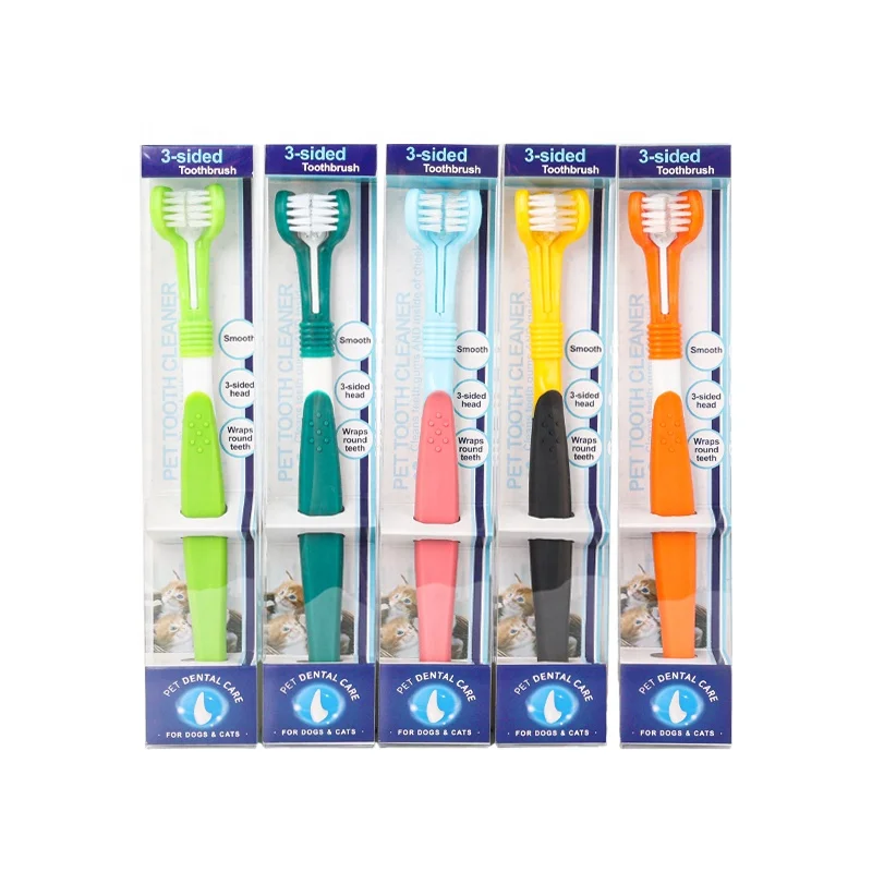 

Factory Wholesale PVC Box Packaging Three Heads Dog Toothbrush Cat Pet Dog Toothbrush, Light green+white/green+white/yellow+balck/orange+white/red+sky blue