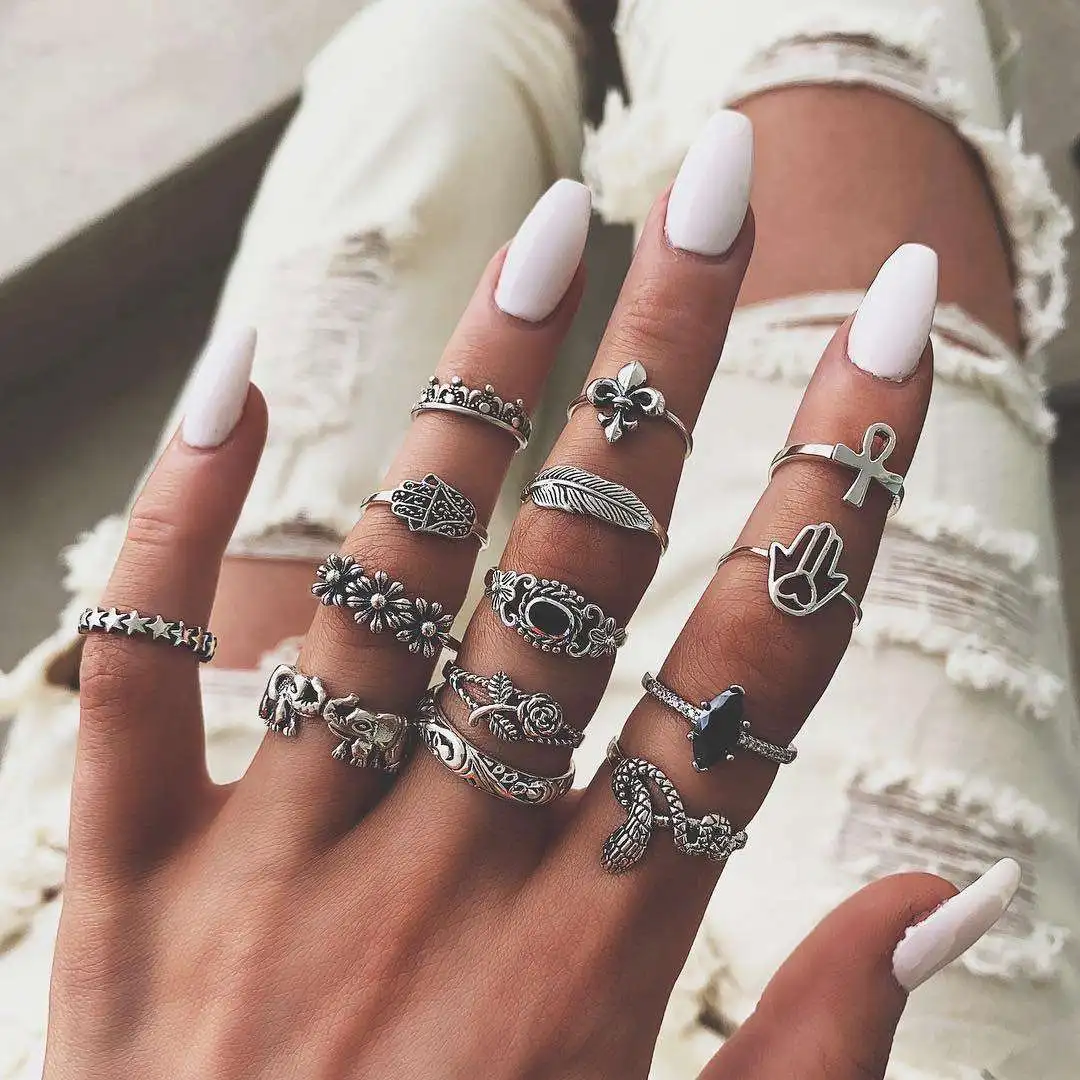 

50230 Hand Rings Set American Fashion Accessories Joint Ring Set 14-piece Jewelry Flower Ring Creative Retro Snake Palm Rose