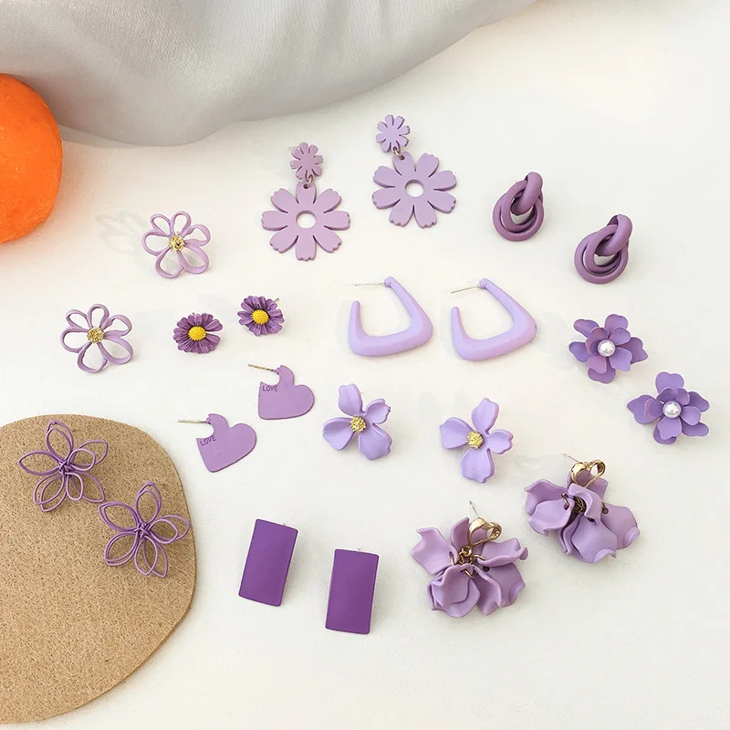 

HONGTONG Factory Direct Sales 2021 New Temperament Girl Fashion Sense Purple Flower Earrings Alloy Earrings, Picture shows
