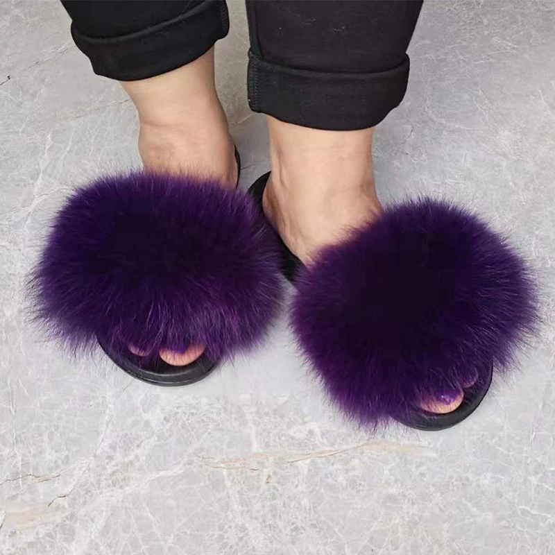 

New Design Factory wholesale fox fur slides ladies fashion fur slippers women soft real fox sandals with Super Fluffy, Customized color
