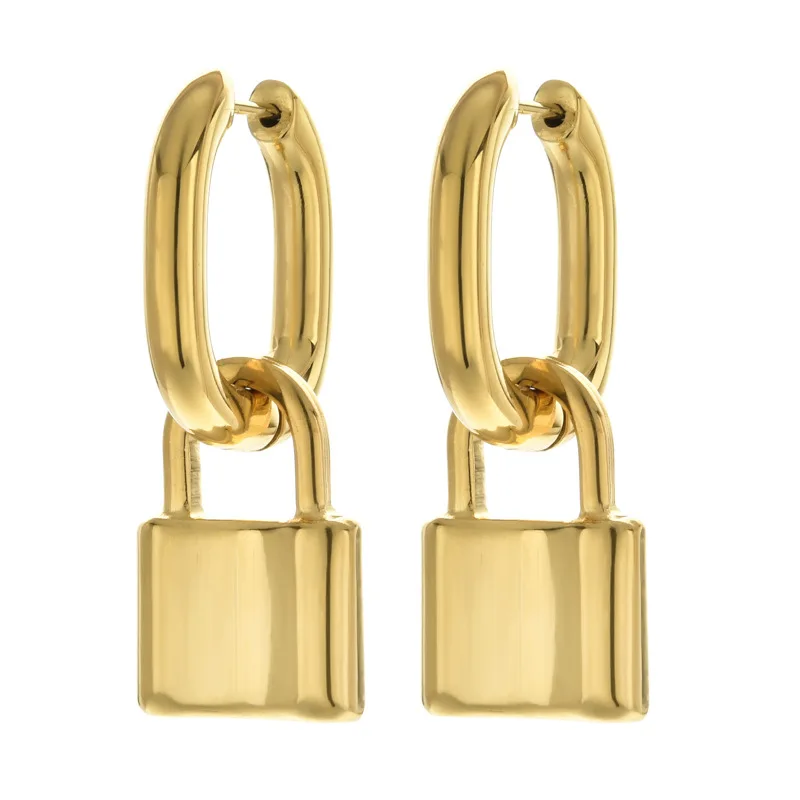 

Stainless Steel Gold Plated Lock Hoop Earrings Women Fashion Statement Earrings Jewelry, Picture shows