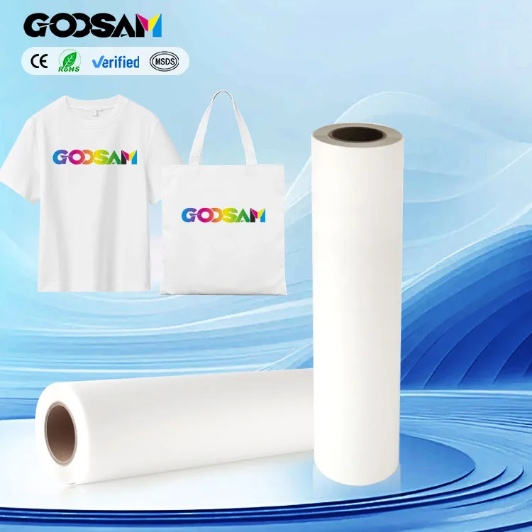 75Microns Heat Transfer PET Film 30 33 60CM X 100M Roll One Side Fast Dry DTF Film for Digital Textile Printing Machine