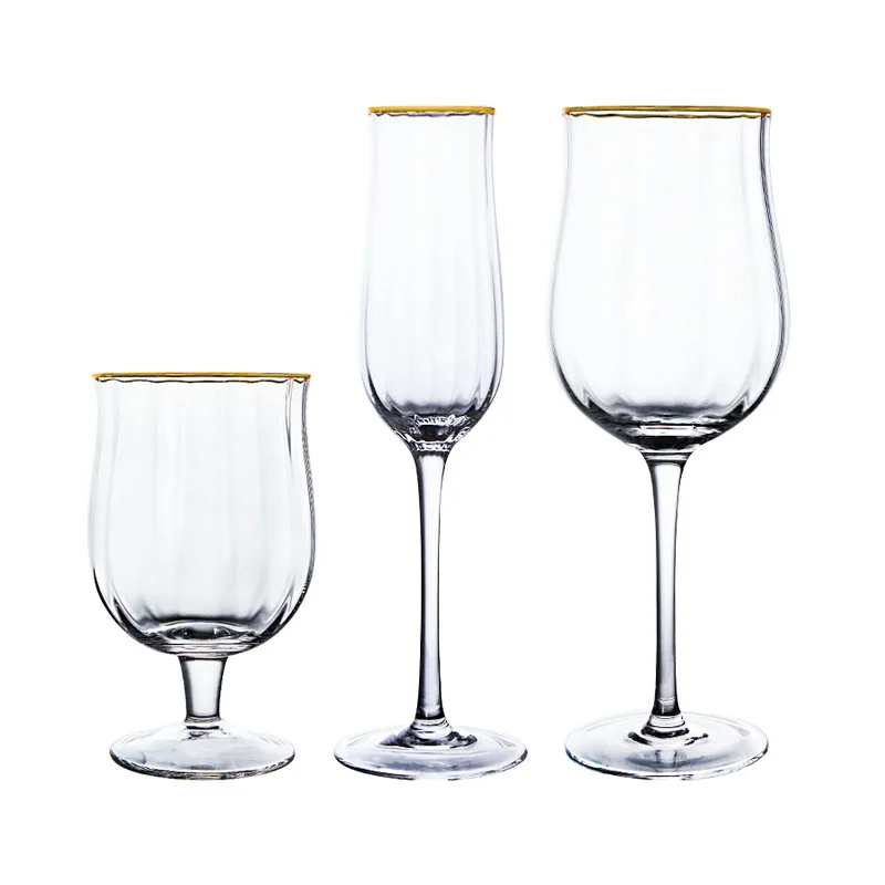 

Factory Wholesale Vertical Stripe Ripple Tulip Shaped Glassware Gold Rim Goblet Tumbler Glass Cup Set for Water/Wine/Champagne