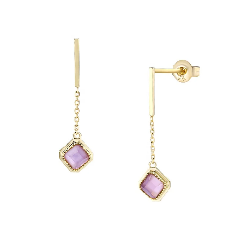 

HYH jewelry 9k earrings real solid 9k nature square amethyst chain earrings, 9k gold