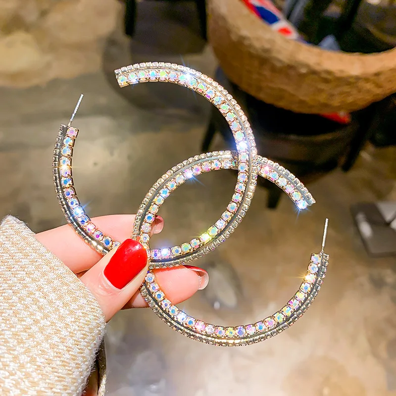 

S925 Sterling Silver Pin Bling Shinny Full Crystal Rhinestone Rhinestone C Shaped Hoop Earrings for Girls Party, Picture color