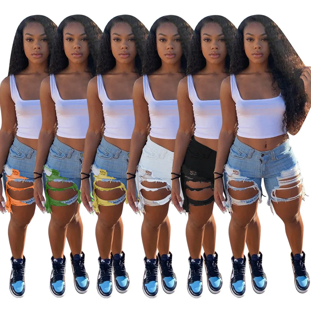 

Sexy new summer 2021 jean shorts with frayed fringes and light wash for women clothing