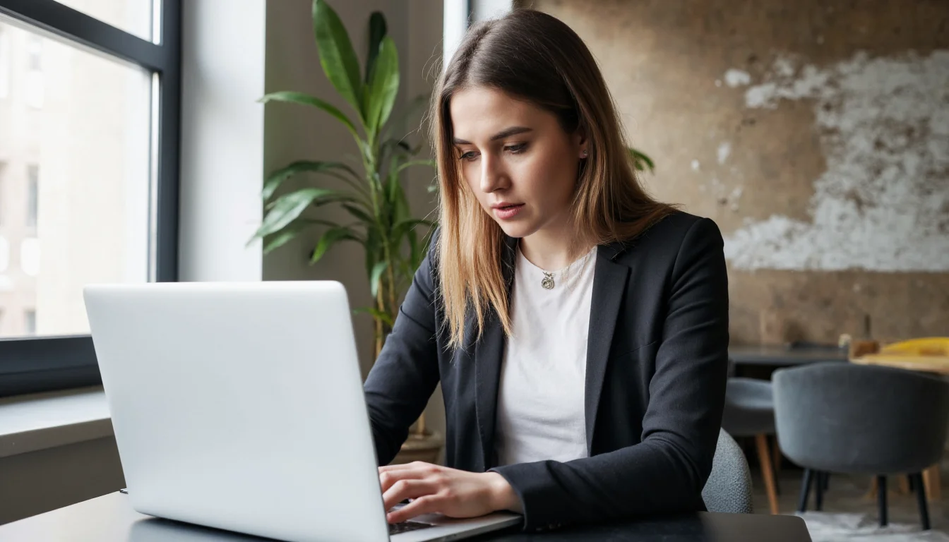 A professional woman working on a laptop