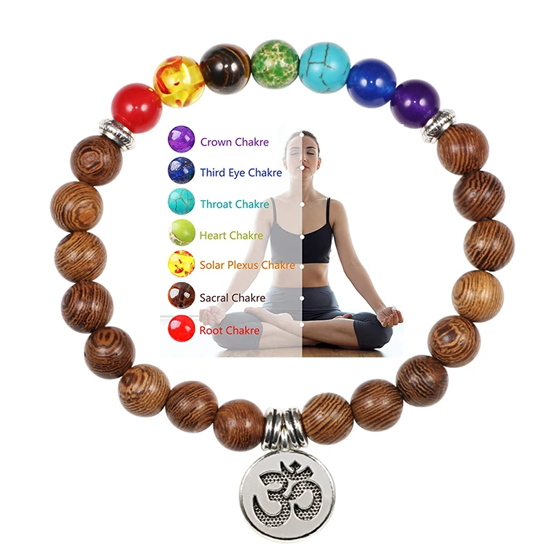 

Natural Lava Stone 7 Chakra Bracelet Wooden Bead Buddha Prayer Healing Balance Yoga Charm Bracelets for Women Men Jewelry Gift