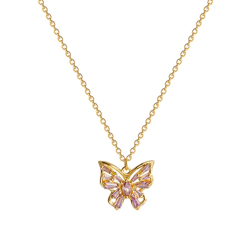 

Real Gold Plated Stainless Steel Butterfly Pendant Necklace Purple Zircon Crystal Butterfly Necklace