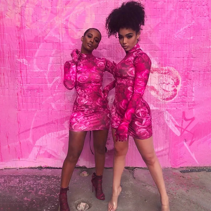 

Fall Hot 2022 new arrivals fashion women stand collar long sleeve floral printed women for honeymoon casual dresses