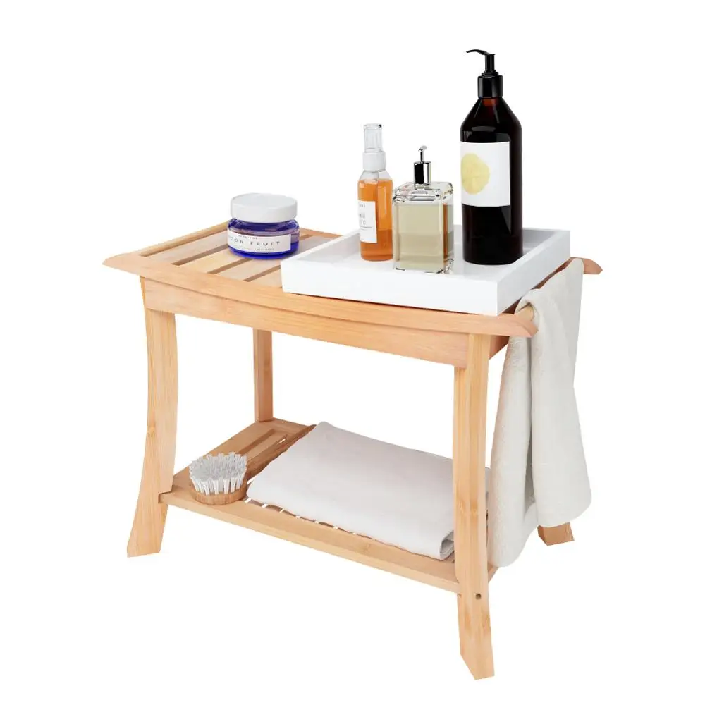 
Bamboo Shower Bench Spa Seat Bathroom Chair with Waterproof Storage Shelf for Indoor or Outdoor 