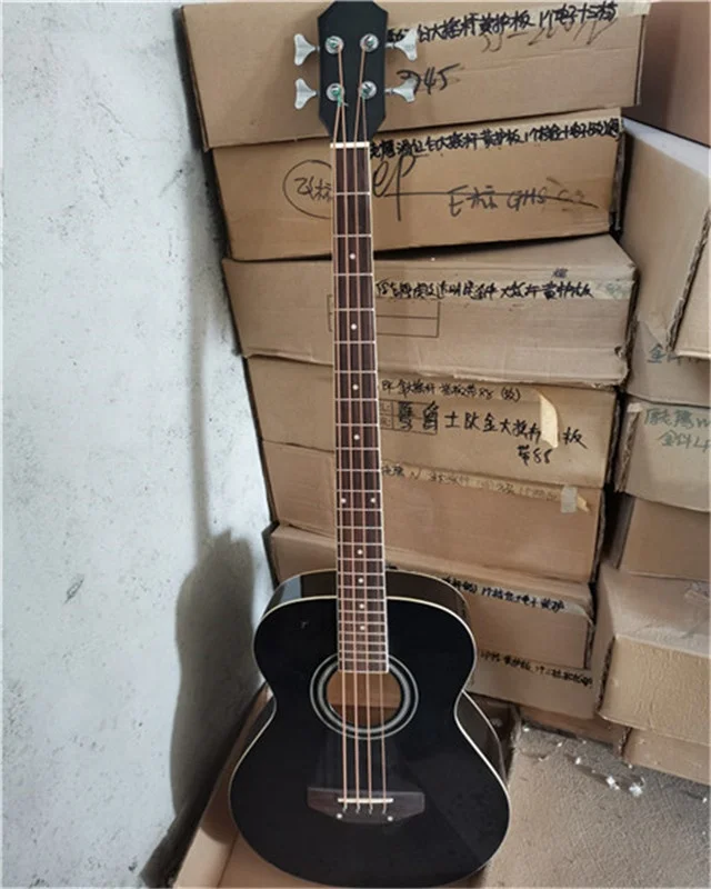 

4 Strings Black Body Acoustic Bass Guitar with Chrome Tuners,can be customized
