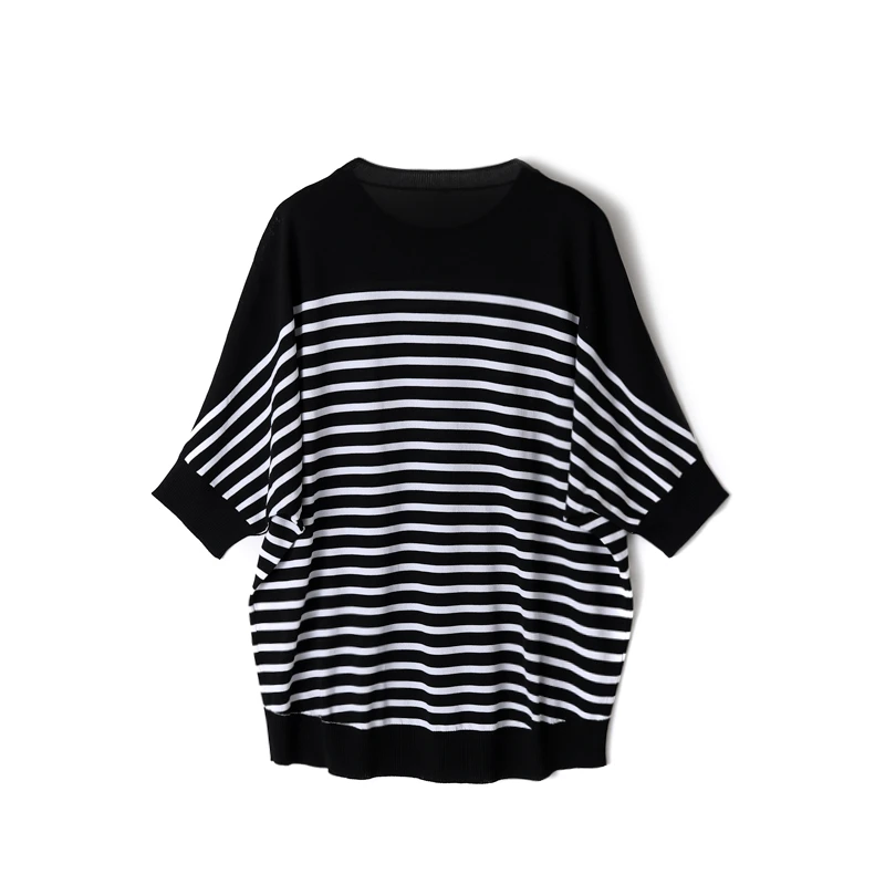 

Fashion short Sleeve Top Women Thin Knitted Cardigan O-neck STRIPED short-sleeved T-shirt Knitwear