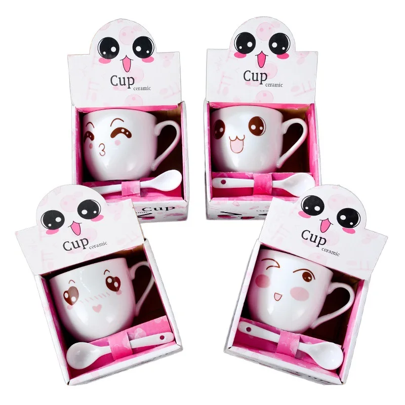 

Hot Sale Custom Logo Cute 3D Emoji cartoon mug Porcelain Mug Set with Spoon